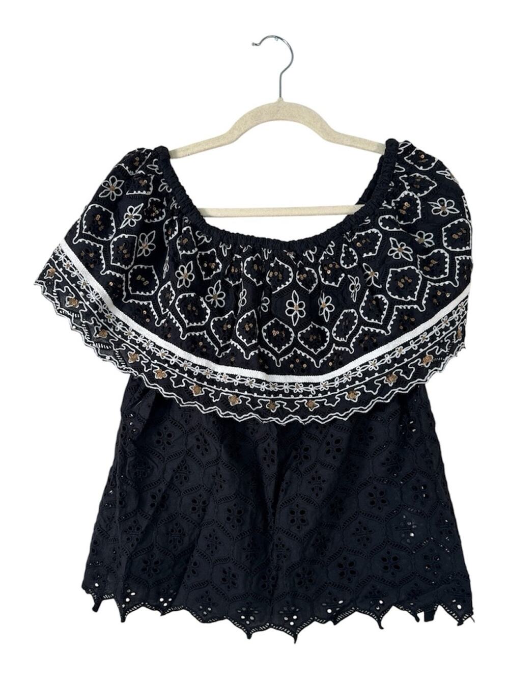 Hemant & Nandita Black Lace Off Shoulder Blouse Womens M Casual Summer Boho